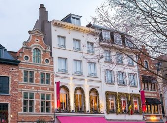 Christmas decorations on buildings in Place du Grand Sablon in Brussels, Belgium